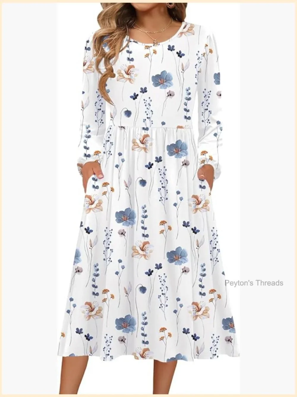 Long Sleeve Flowy A-Line Midi Dress with Pockets - Picture 1 of 7
